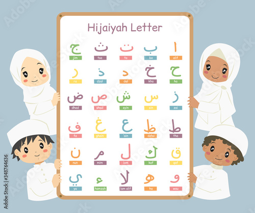 Happy Muslim children holding a whiteboard with colorful Arabic or Hijaiyah letters. Arabic or Hijaiyah letters vector. 