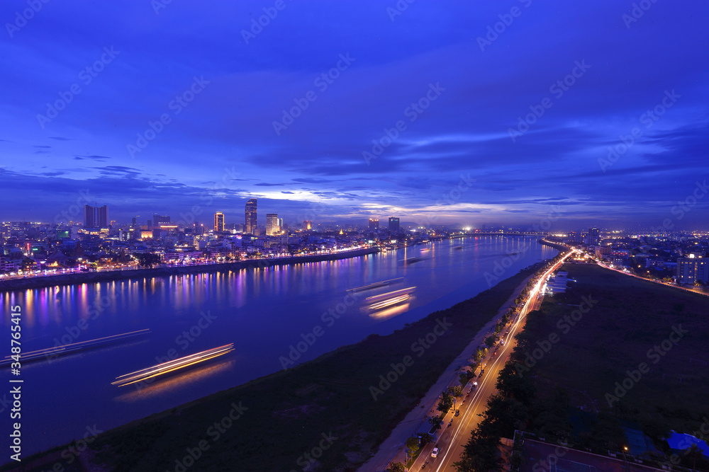 Night view of Phnom Penh City, Cambodia, with Mekong River