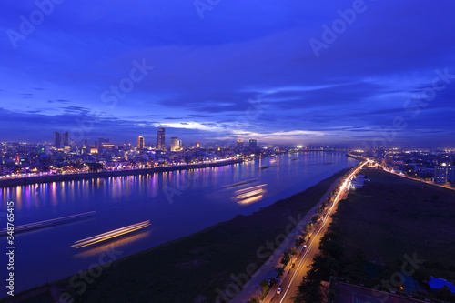 Night view of Phnom Penh City, Cambodia, with Mekong River