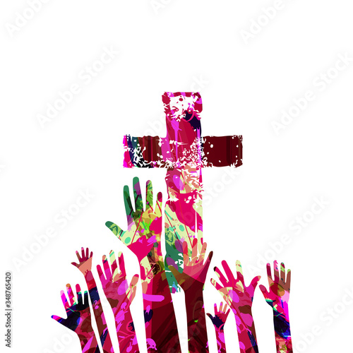 Colorful christian cross with human hands isolated vector illustration. Religion themed background. Design for Christianity, church charity, help and support, prayer and care
