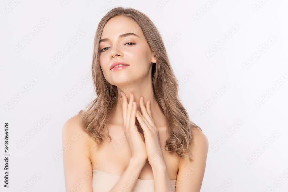 Beautiful Young Woman touching her clean face with fresh Healthy Skin, isolated on white background, Beauty Cosmetics and Facial treatment Concept Beautiful Young Woman touching her clean face with fresh Healthy Skin, isolated on white background, Beauty Cosmetics and Facial treatment Concept