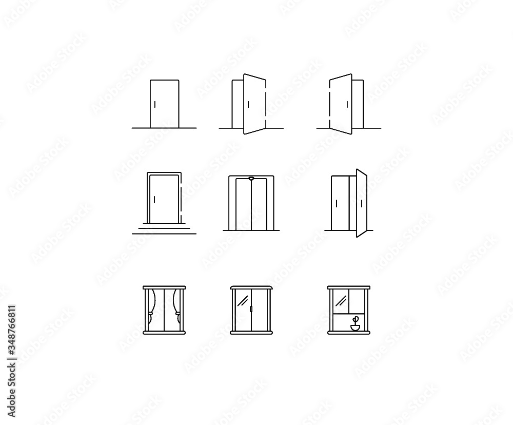 Doors, windows icon set. Enter, exit, closed, open, entrance, minimal vector illustrations. Minimal outline stroke icon set for websites.
Doors, windows icon set. Enter, exit, closed, open, entrance, minimal vector illustrations. Minimal outline stroke icon set for websites.