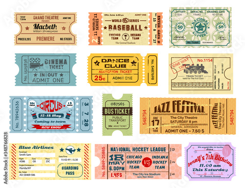 Vintage old tickets and coupons. Old paper cardboard texture tickets at cinema amusement entertainment lottery