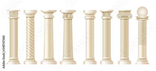 Realistic antique pillars set. Antique column, classic pillar. Ancient historic roman greek architecture isolated vector