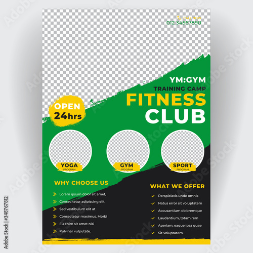 Fitness flyer brochure business creative design concept. Template covers modern layout, poster, magazine. For the advertising business club dance, running event,  sport promotion, gym, fitness, sport  photo