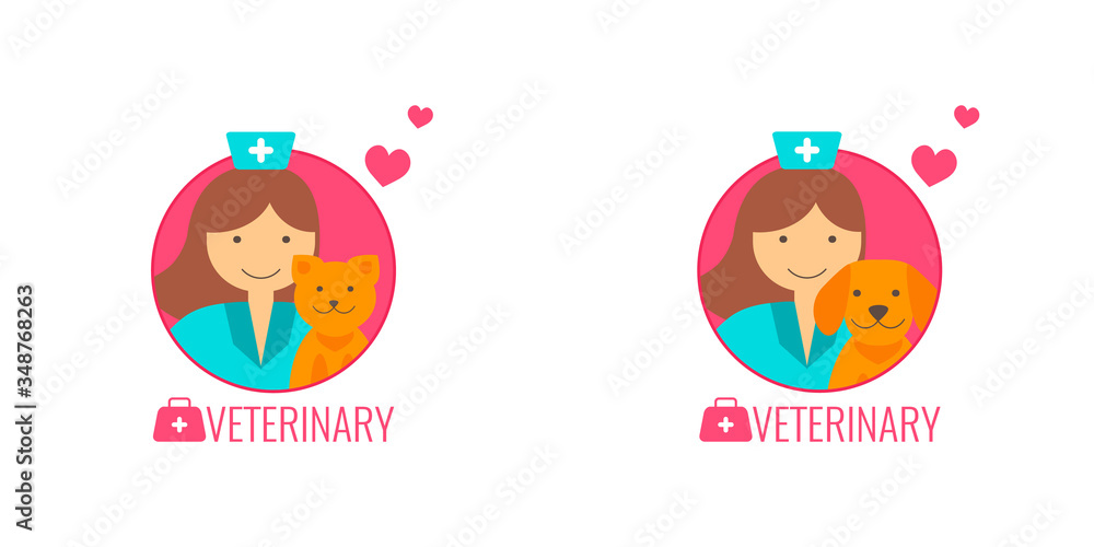 Set of vector icons for Veterinary medicine. Doctor with cat and dog.