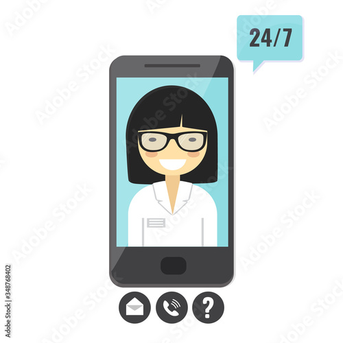 Female doctor gives an medical advise on smartphone. Doctor consultation service