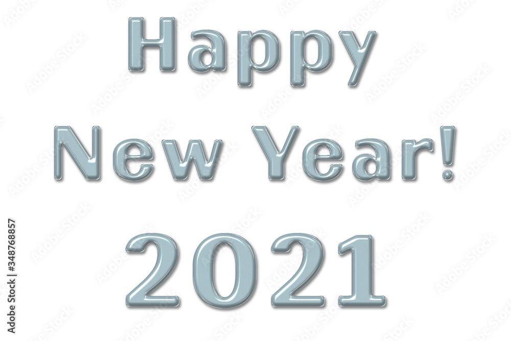 Happy new year 2021 lettering in letters made of liquid white metal. Congratulatory inscription with Chinese New Year 2021 white metal Ox. Design template for calendar 2021, greeting card, banner.