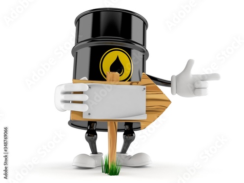 Oil barrel character with wooden arrow sign