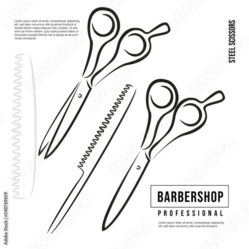 Professional scissors for haircuts and hairbrush. Drawing for a hairdresser