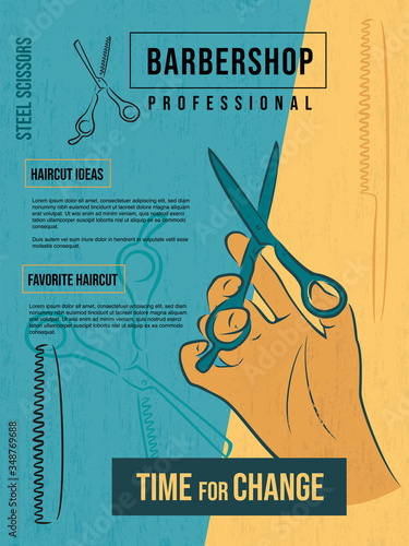 Hairdresser poster. Hand holds professional scissors for haircuts. Drawing for a hairdresser