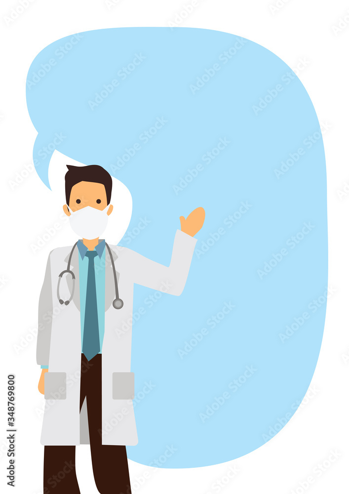 Open arm young doctor with giant speech bubble against white isolated background. Open arm young doctor with giant speech bubble against white isolated background.