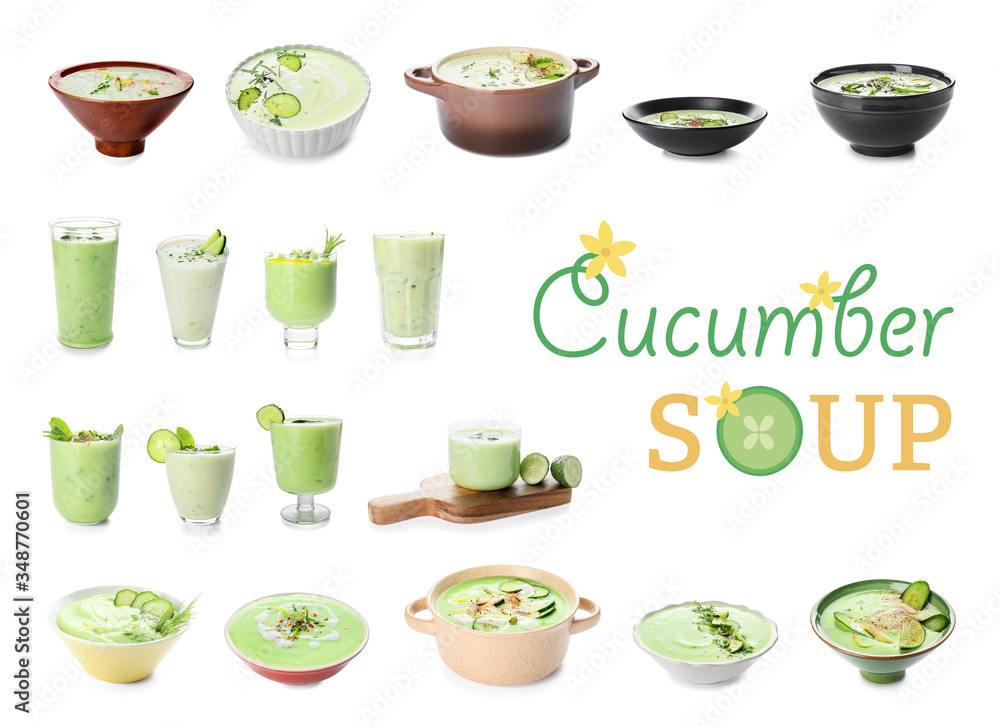 Set of cold cucumber soup on white background Set of cold cucumber soup on white background