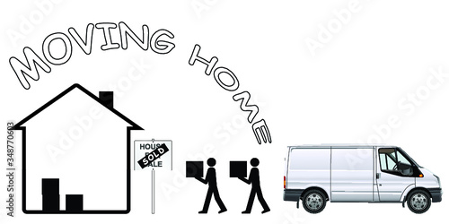 Representation of removal men unloading boxes to a recently sold residential home isolated on white background