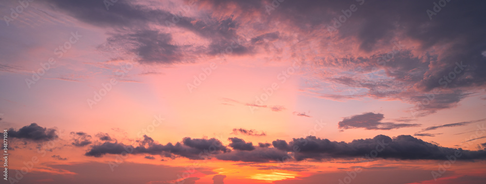 Sunset sky with clouds background,sunrise over the sea Panoramic banner background.