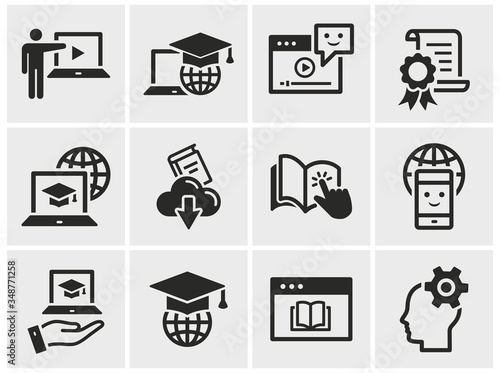 E-learning education icons. Black vector illustration isolated on white.
