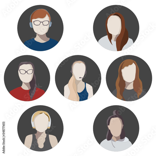 Vector set of female user avatars. Different characters, round shape, grey background