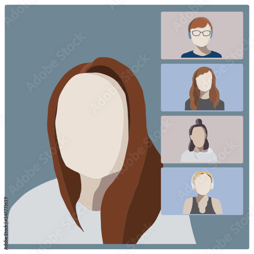 Vector illustration of a video conference call with female participants. One speaker and listeners
