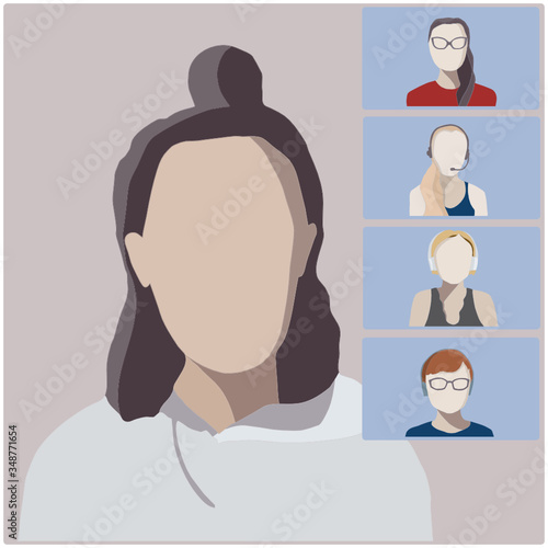 Vector illustration of a video conference call with female participants. One speaker and listeners