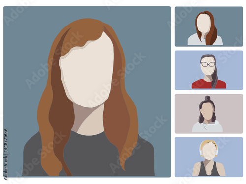 Vector illustration of a video conference call with female participants. One speaker and listeners