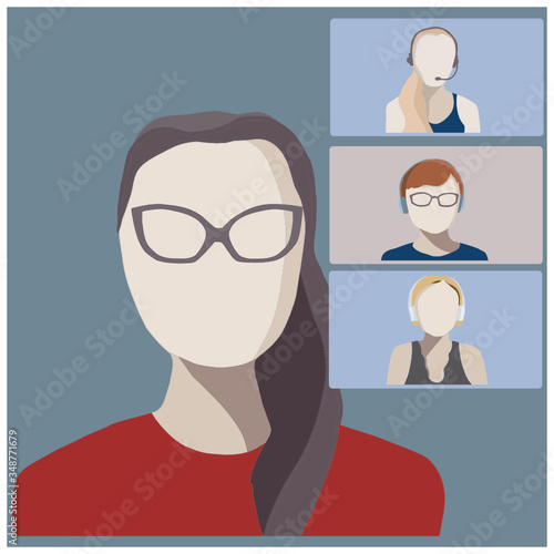 Vector illustration of a video conference call with female participants. One speaker and listeners