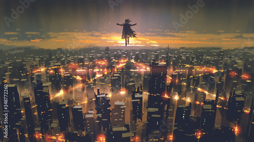 Dekoracja na wymiar  man-floating-in-the-sky-and-destroys-the-city-with-evil-power-digital-art-style-illustration-painting