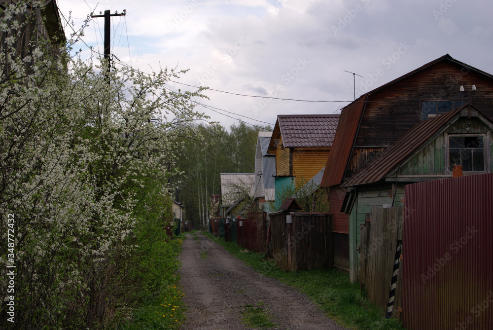 Street in the horticultural Association. Country houses behind high fences. A cloudy spring day.