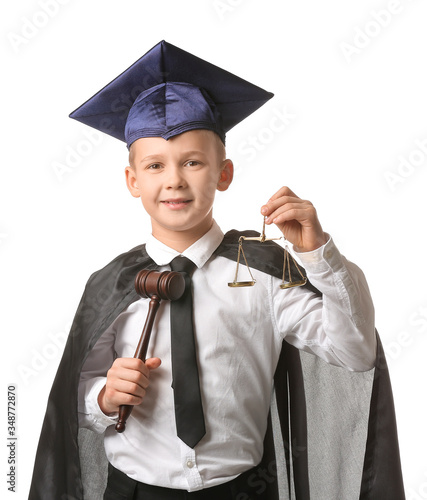 Portrait of little judge on white background photo