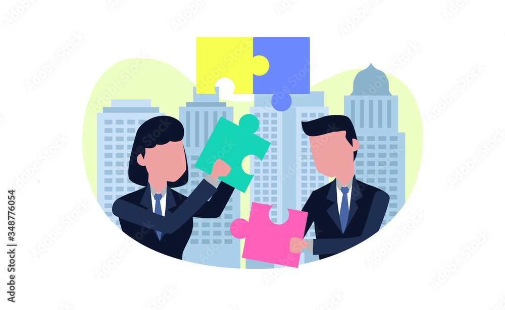 man and woman businessman work together for get a solution concept. Holding a piece puzzle to solve and creative thinking for decision for corporate. man and woman businessman work together for get a solution concept. Holding a piece puzzle to solve and creative thinking for decision for corporate.