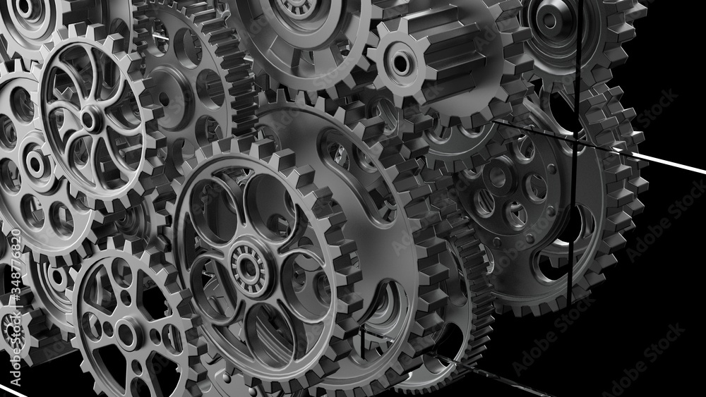Obraz premium Mechanism silver gears and cogs at work on black-white background. Industrial machinery. 3D illustration. 3D high quality rendering.