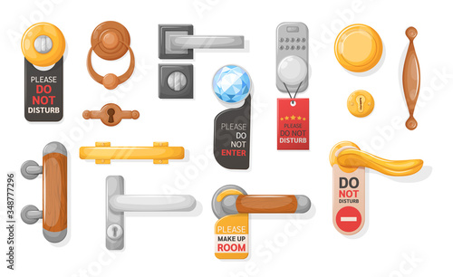 Hotel handle door room set. Door knobs with Do Not Disturb Sign. Doorknob handle to lock doors at home ofiice hotel