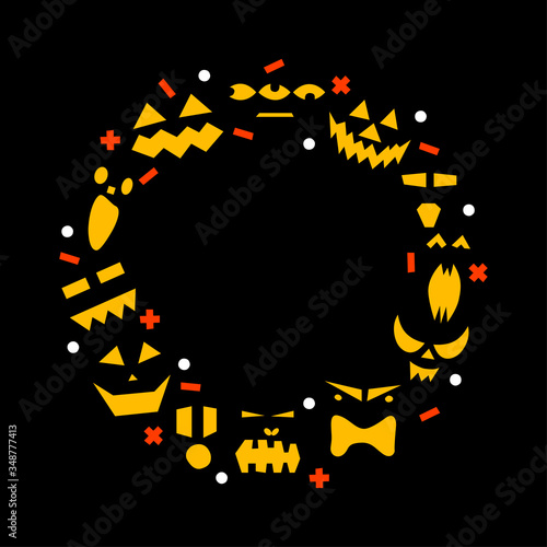 Pumpkin wreath with scary, terrible, funny faces for Happy Halloween. Wreath in orange, black, white colors for your posters, banners, backgrounds, sales, advertising, postcards - Vector illustration