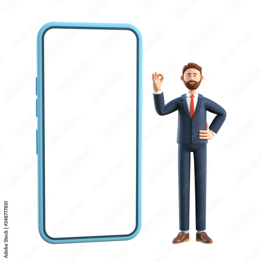 Portrait of smiling happy businessman with big phone showing ok gesture. 3D illustration of cartoon standing man in suit with okay sign, isolated on white background. Portrait of smiling happy businessman with big phone showing ok gesture. 3D illustration of cartoon standing man in suit with okay sign, isolated on white background.