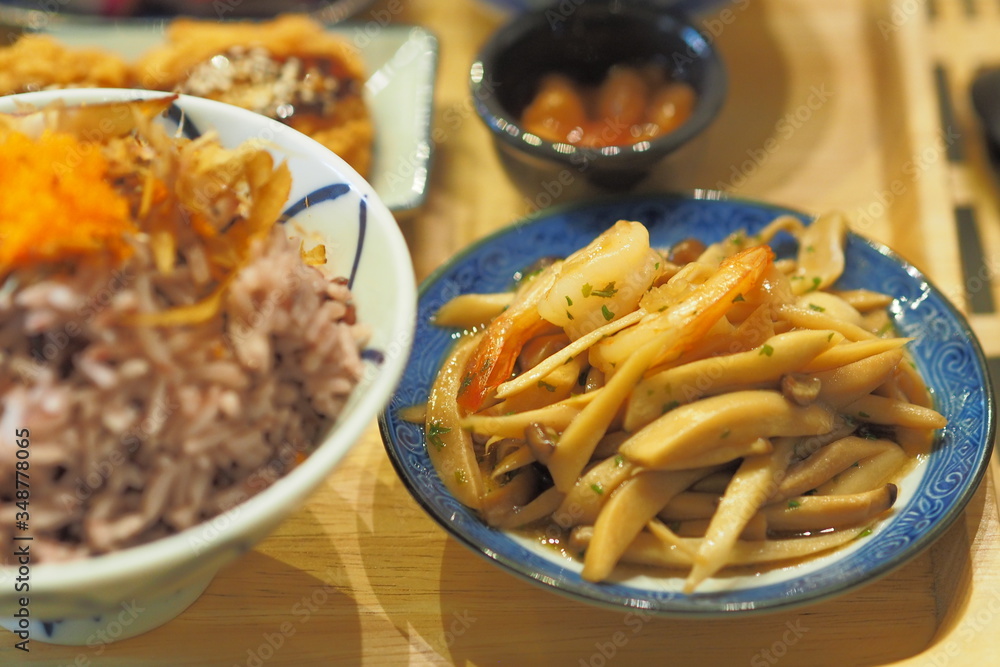 Stir fried king oyster mushrooms with soy sauce - Breakfast set Japanese style Stir fried king oyster mushrooms with soy sauce - Breakfast set Japanese style