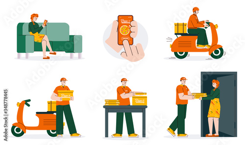 Food delivery service set - cartoon people ordering and delivering pizza