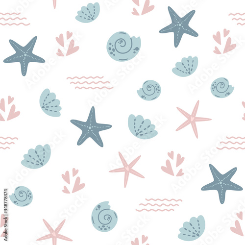 Starfish seamless pattern Summer sea star pattern, cute seashells light background. Nautical baby textile design Vector