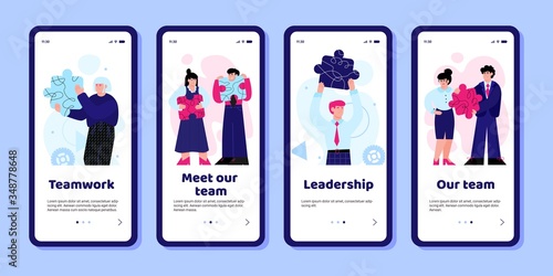 Business team app set on phone screens, teamwork and leadership mobile