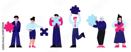 Business team holding puzzle pieces, cartoon office workers