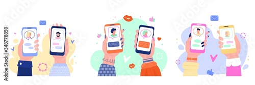 Virtual date concept set - couple hands holding phones with chat app
