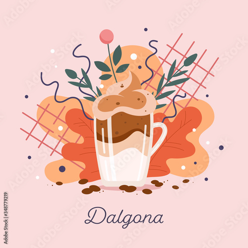 Collage style vector isolated illustration of Dalgona - Asian coffee drink from South Korea. Whipped milk korean coffee with foam. Dalgona - Popular beverage also known as quarantine drink