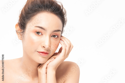 Beauty asian women touching soft chin portrait face with natural skin and skin care healthy hair and skin close up face beauty portrait.Beauty Concept on white background.