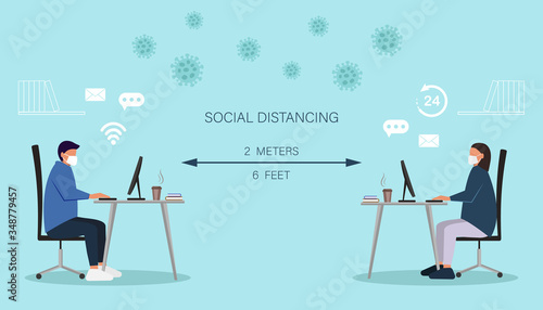 man and woman working on laptops computers, online working maintain social distancing to prevent from virus spreading and flu prevention, coronavirus concept, flat vector illustration.