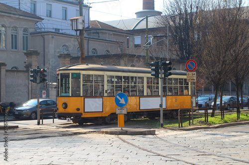 Old yellow tram from 1926 in Milan (Italy)