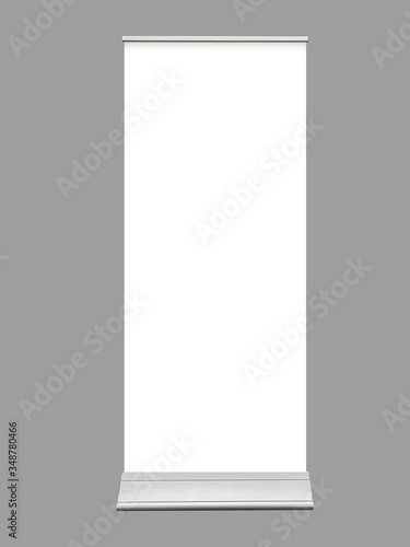 isolated white roll up banner on grey background with blank copyspace photo