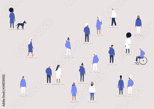 A diverse group of young characters, different ethnicities and gender balance, Social distancing, the end of the quarantine