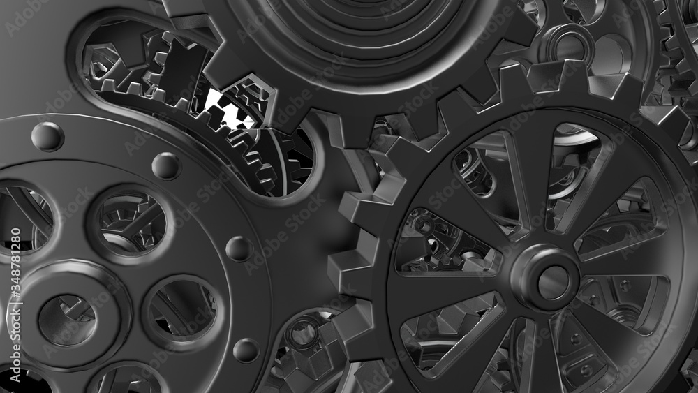 Obraz premium Mechanism silver gears and cogs at work on black-white background. Industrial machinery. 3D illustration. 3D high quality rendering.