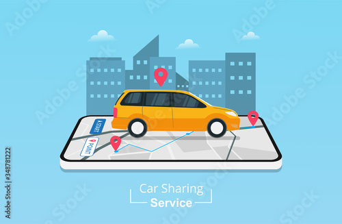Car sharing service design concept. Checking taxi or car service app on mobile phone with GPS navigation location. City building background vector illustration