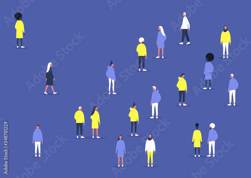 A diverse group of young characters, different ethnicities and gender balance, Social distancing