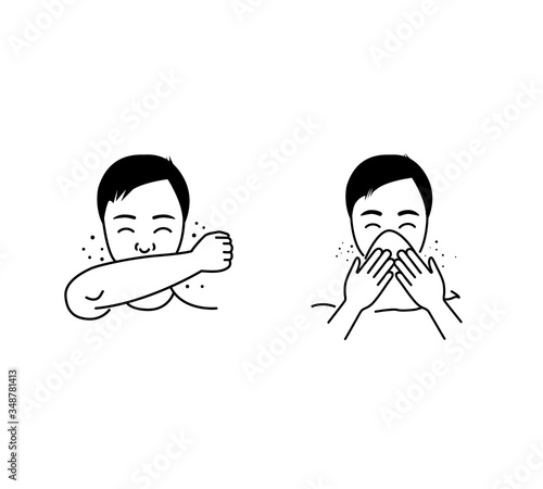 Sneeze icon.sneeze into elbow icon how to cough and sneeze and not spreading virus. Man for wrong cough in hand and the correct method in napkin and elbow fold. Preventive measures against coronavirus