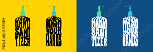 Wash your hands with hand sanitizer text wrap vector illustration concept, isolated on solid yellow and classic blue background.